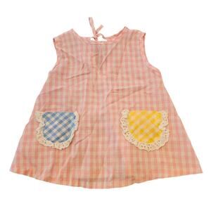 Vintage 1970s Baby Girls Sz 12M Sleeveless Gingham Dress Pink Blue Yellow